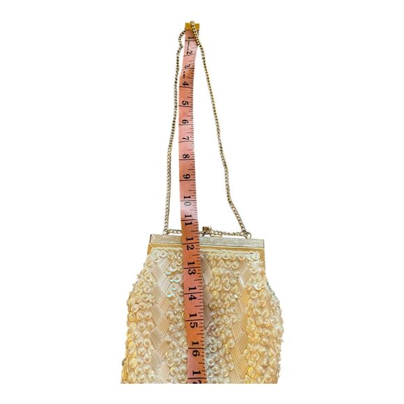 Vintage ivory sequined beaded evening bag gold kisslock chain strap glam retro - Picture 12 of 13